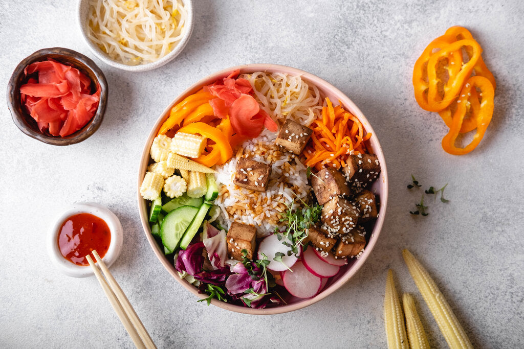 Vegan Bibimbap Bowl: Crispy Tofu, Cremini Mushrooms, and Tangy Gochujang